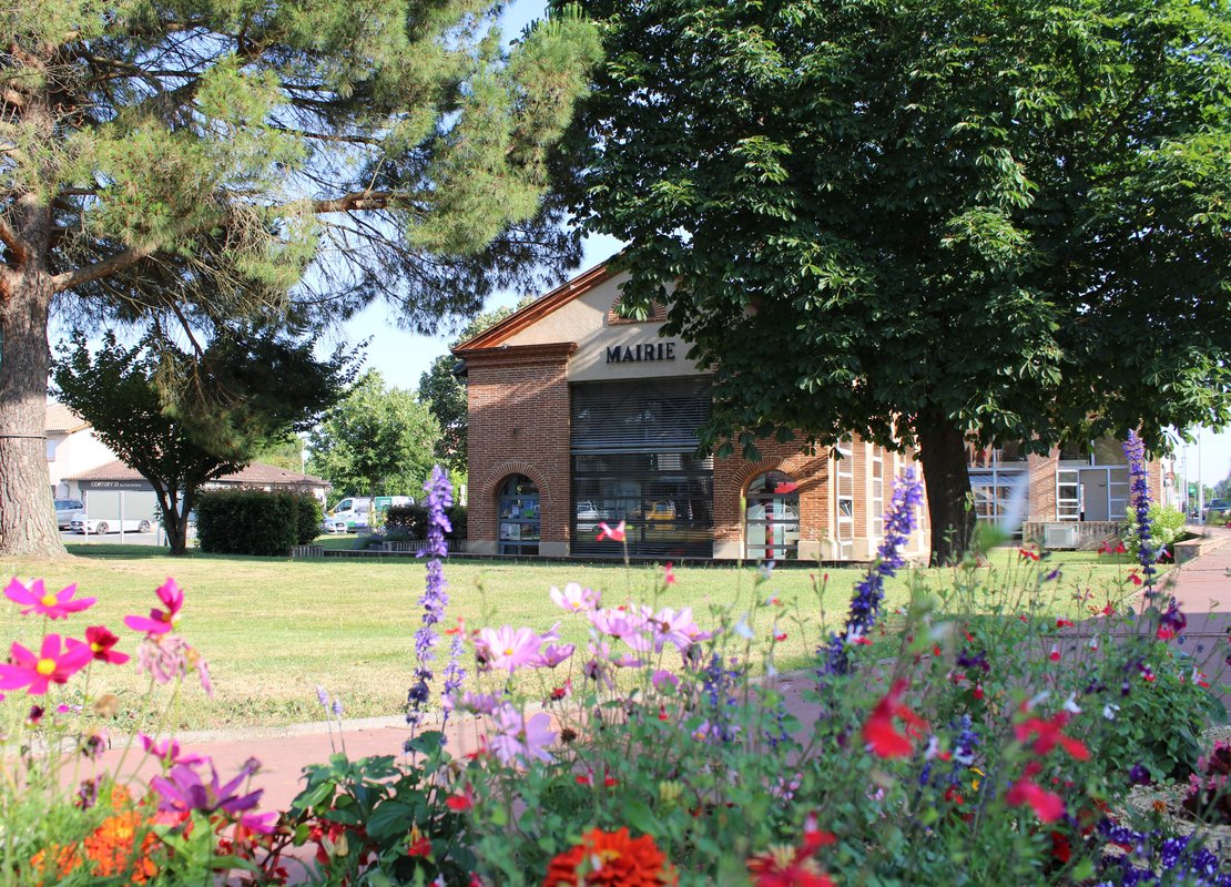 Vue de fleurs avec la mairie en arrière plan