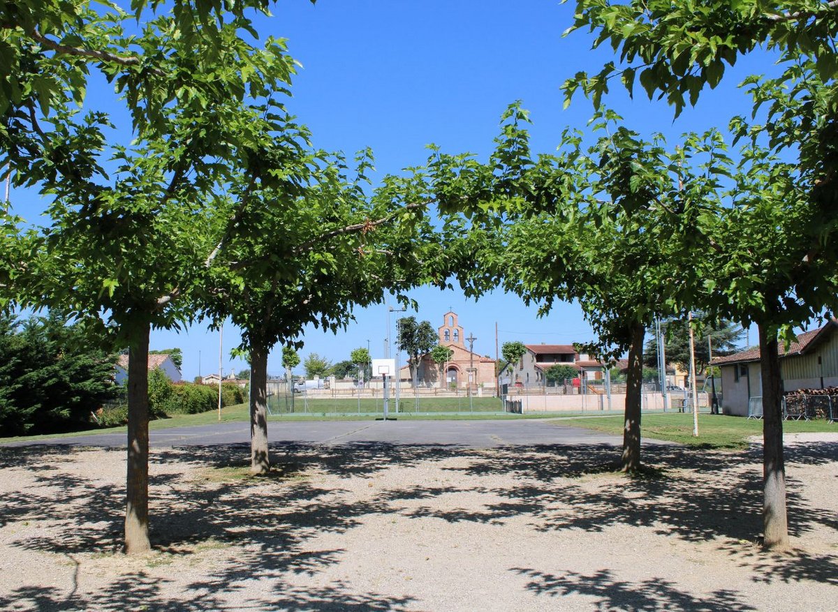 Terrains de basket et tennis derrière un parc arboré