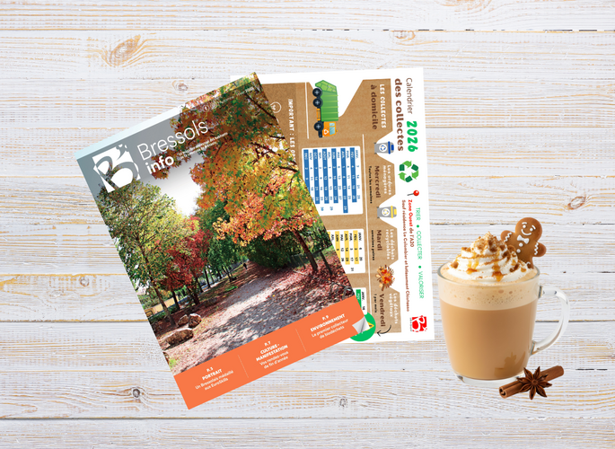 Page couverture Bressols info et calendrier des déchets sur fond bois