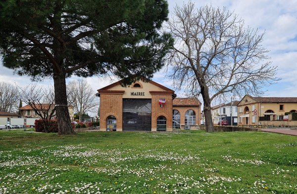 Pelouse en fleurs et vue façade mairie