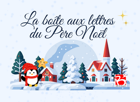 Dessin de paysage enneigé, pingouin de noël et titre La boîte aux lettres du Père Noël 